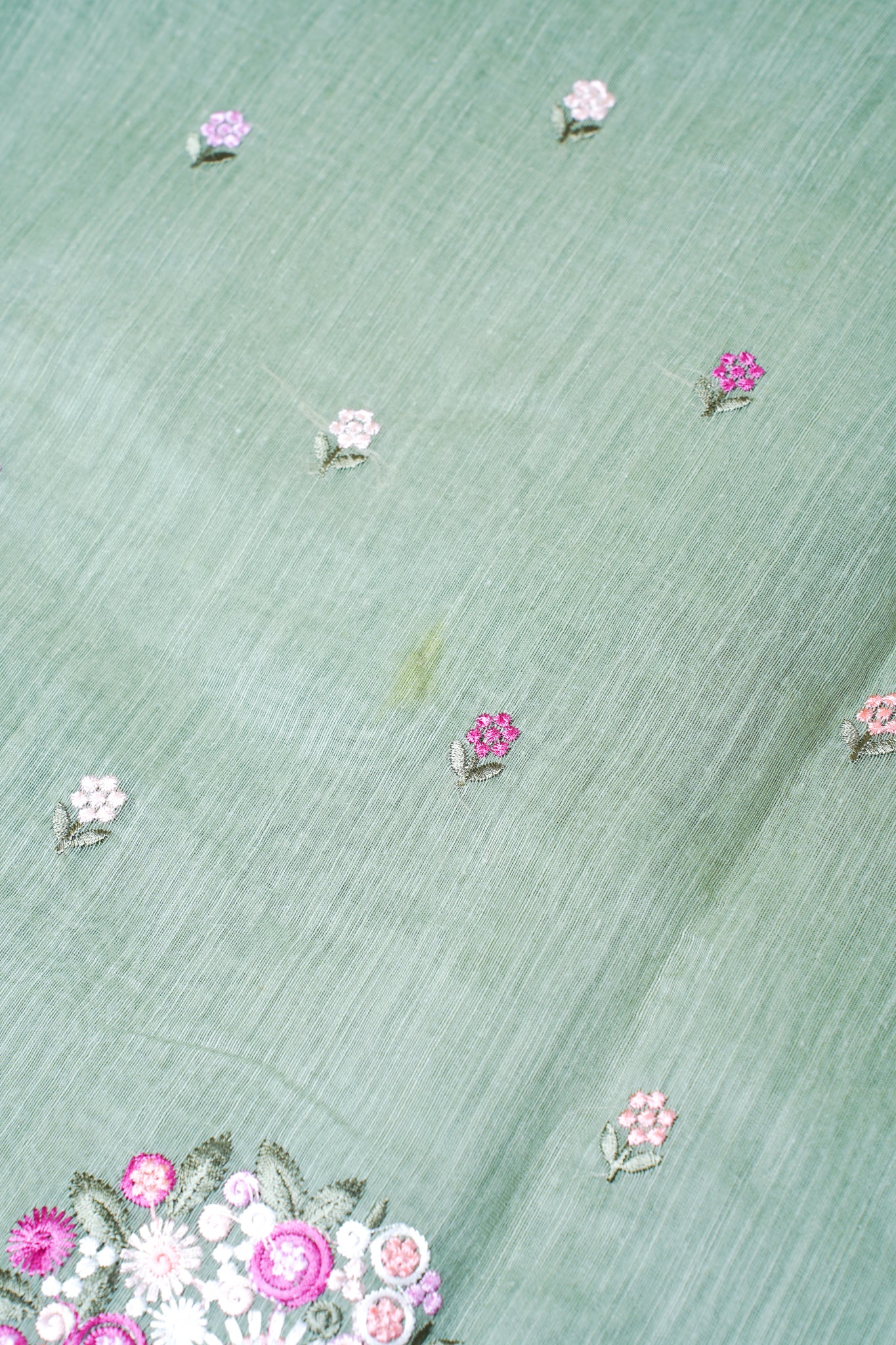 Sage Green Pure Linen Saree with Multicolor Floral Embroidery