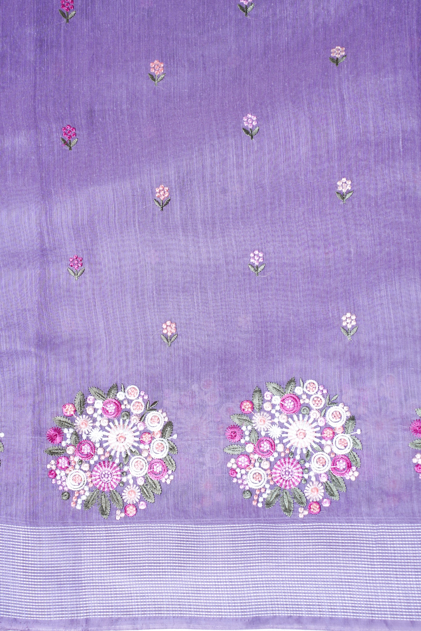 Lilac Linen Saree with Multicolor Floral Chikankari Embroidery