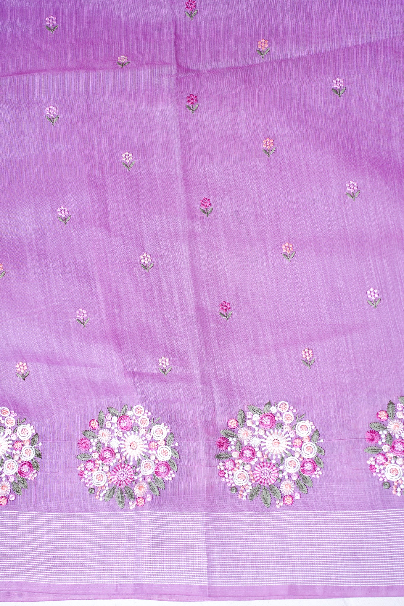 Lavender Linen Saree with Multicolor Floral Chikankari Embroidery