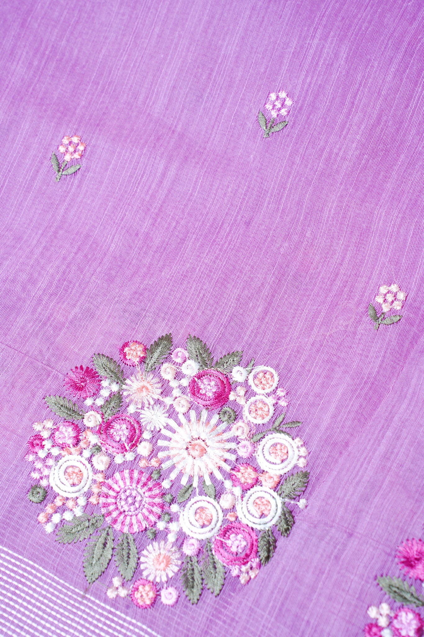 Lavender Linen Saree with Multicolor Floral Chikankari Embroidery