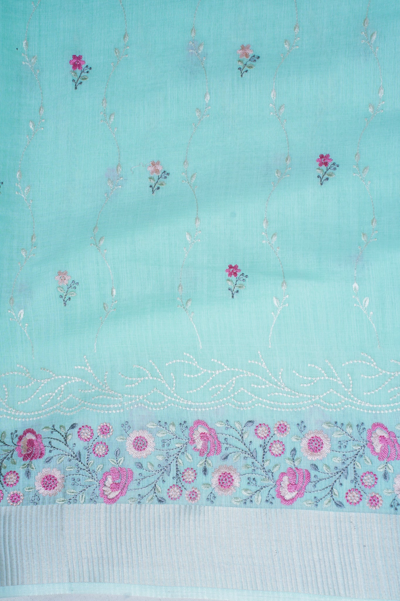 Mint Green Cotton Saree with Minakari Floral Embroidery