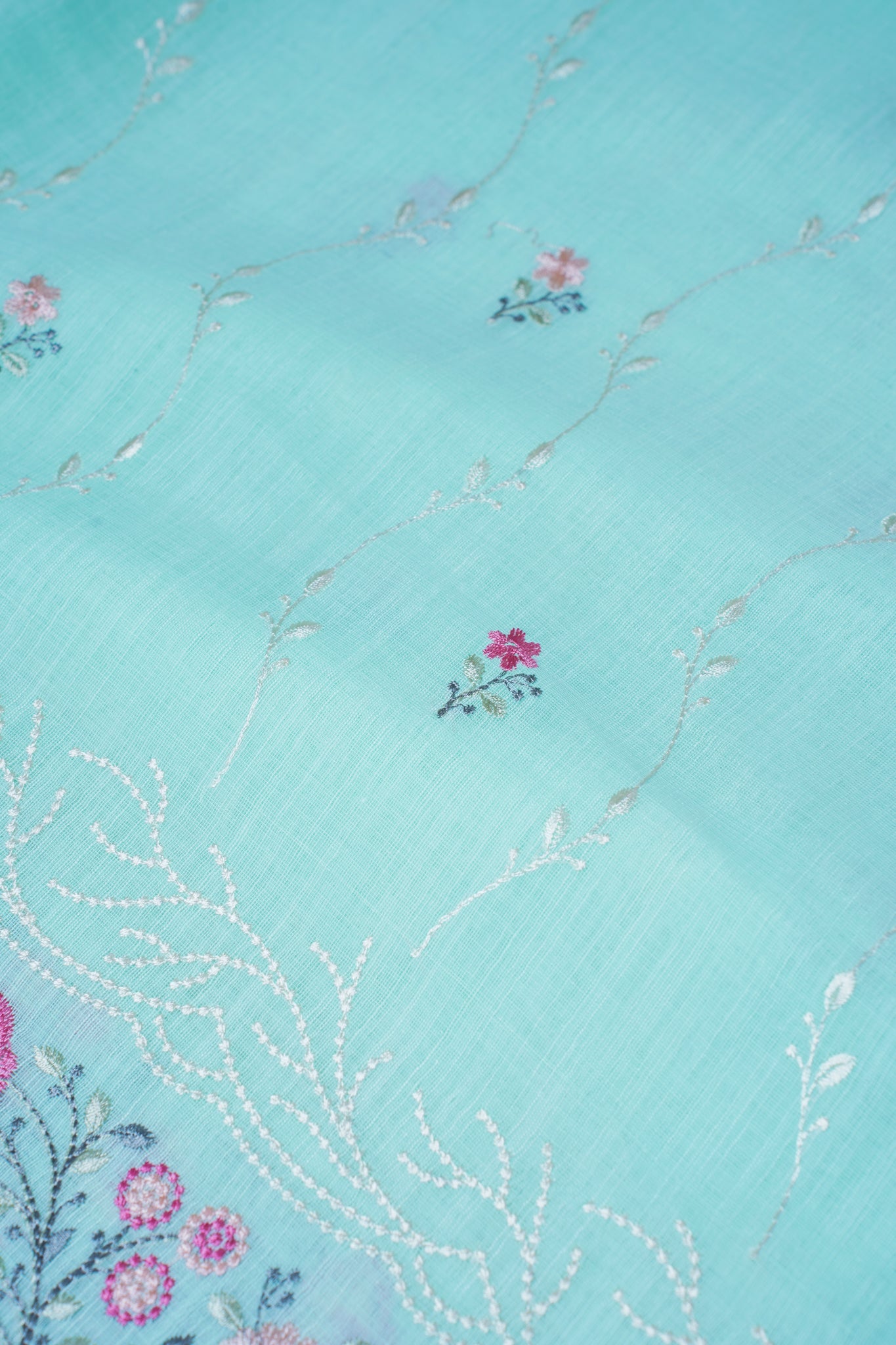 Mint Green Cotton Saree with Minakari Floral Embroidery