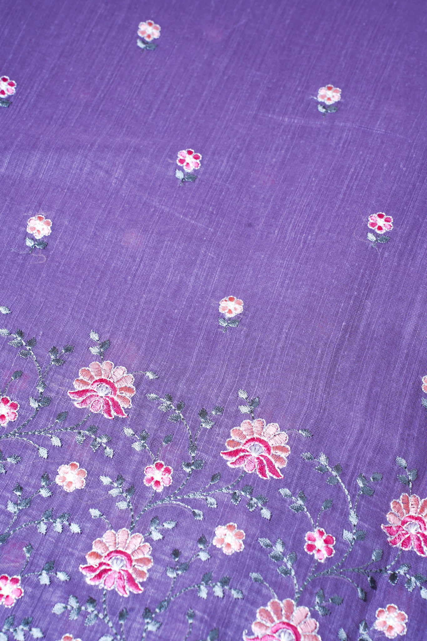 Purple Linen Saree with Multicolor Chikankari Embroidery