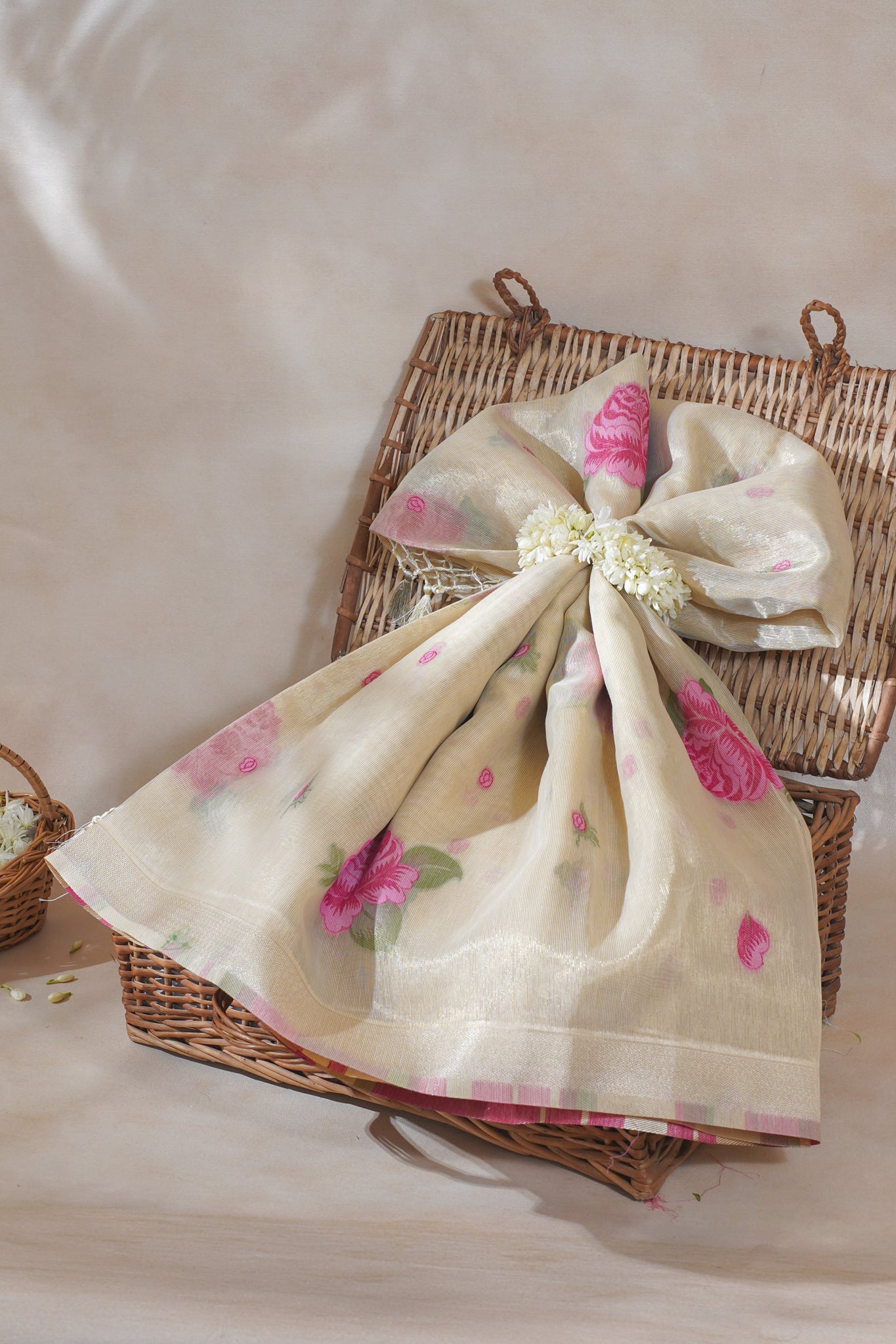 Ivory Beige Linen Silk Minakari Saree