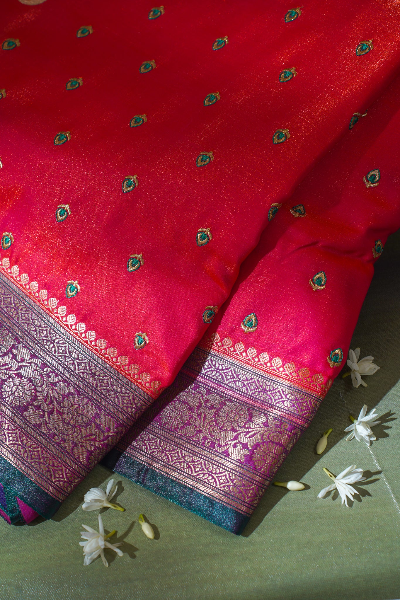 Red Banarasi Satin Silk Saree with zari embroidery buti work
