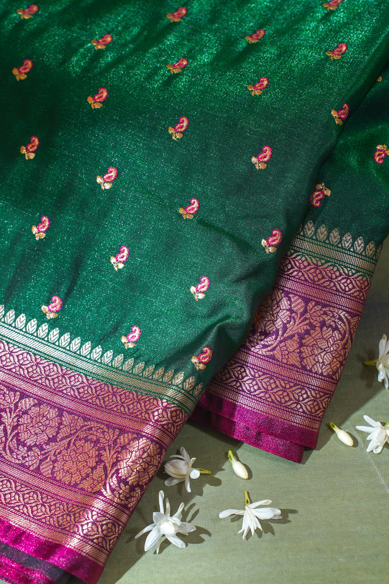 Green Banarasi Satin Silk Saree with Zari Embroidery Buti Work
