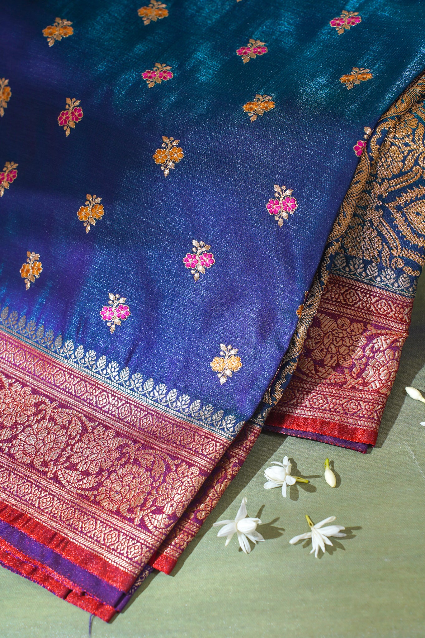 Teal Blue Banarasi Satin Silk Saree with Zari Embroidery Buti Work