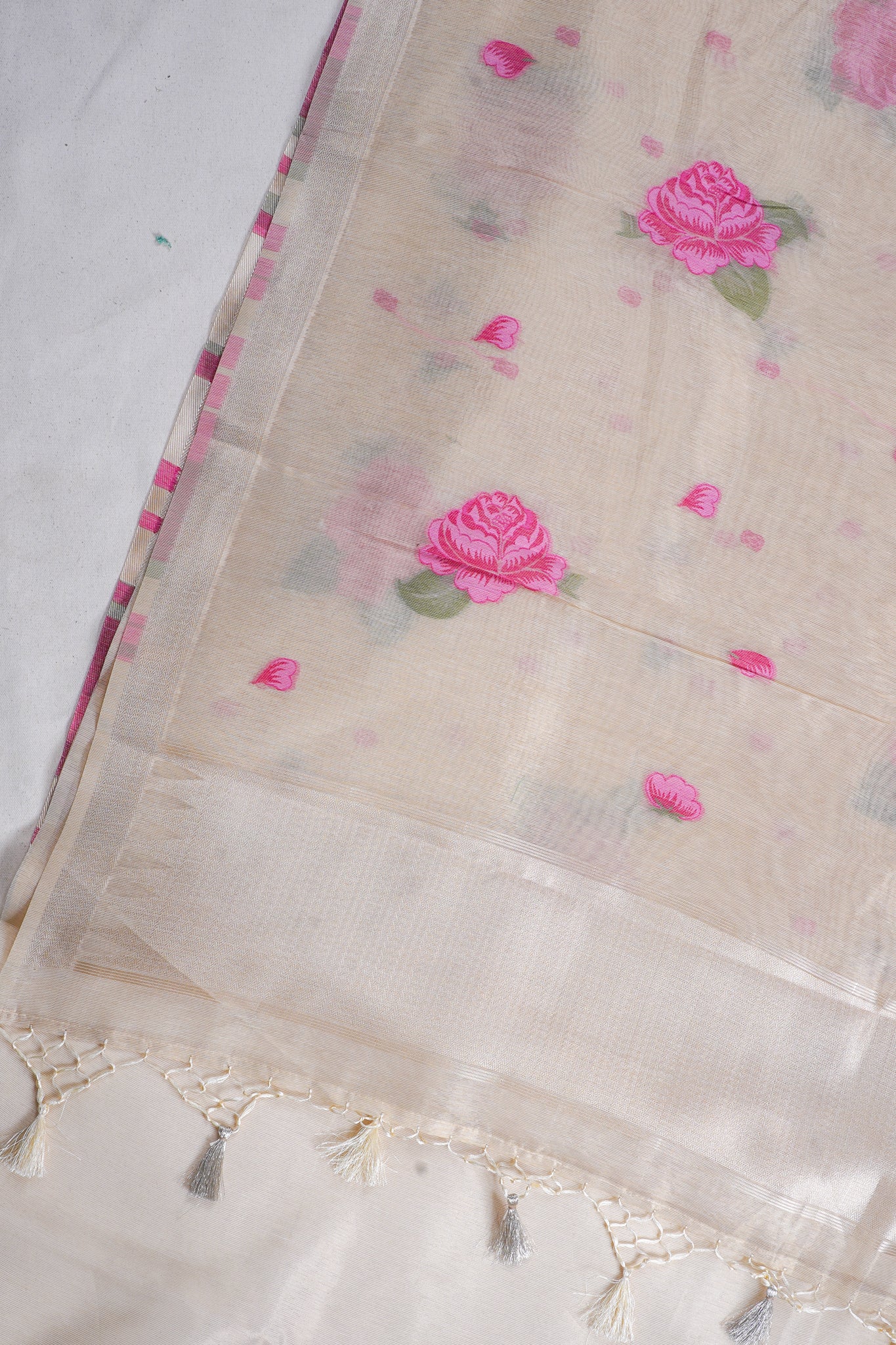Ivory Beige Linen Silk Minakari Saree