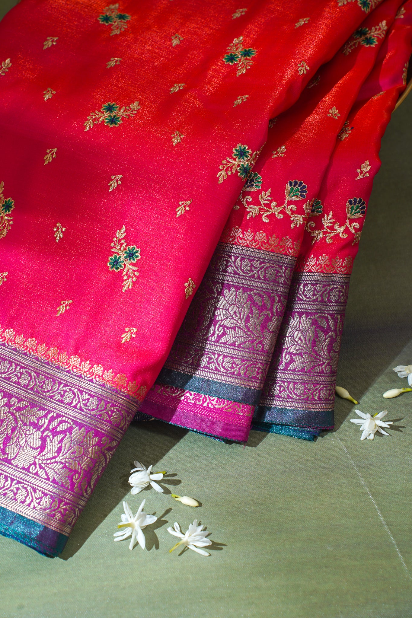 Crimson Red Banarasi Satin Silk Saree with Zari Embroidery Buti Work
