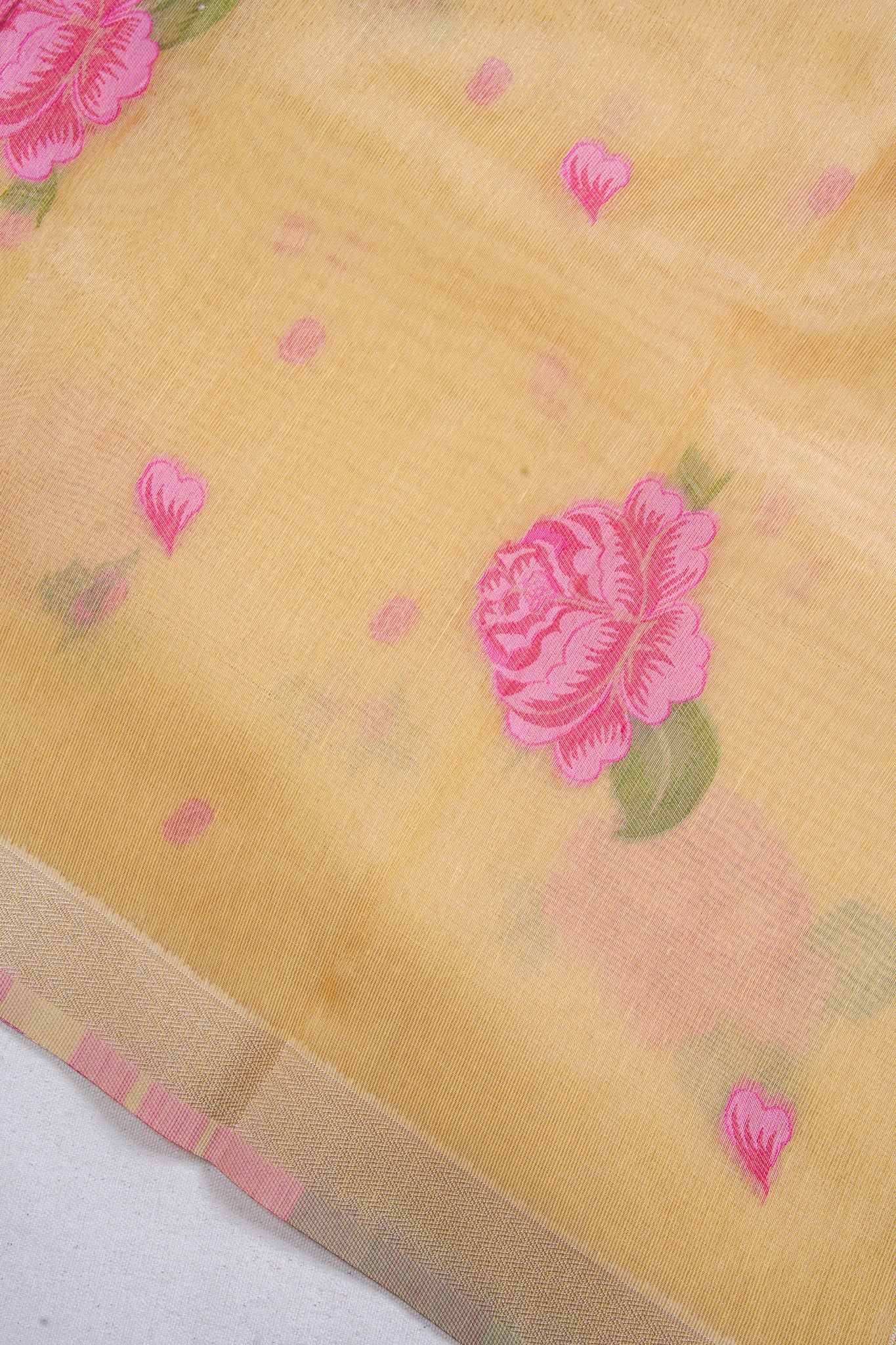 Yellow Linen Silk Minakari Saree