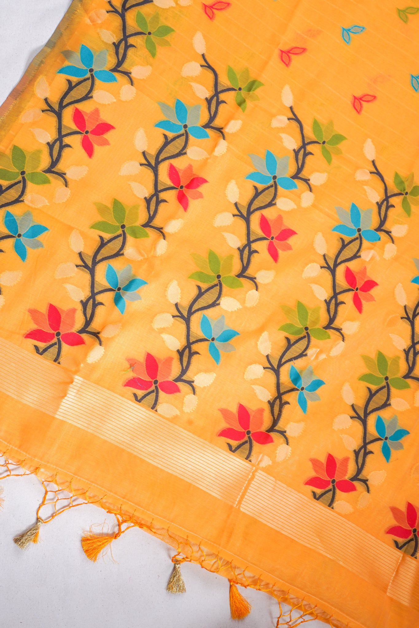 Yellow Cotton Jamdani Saree