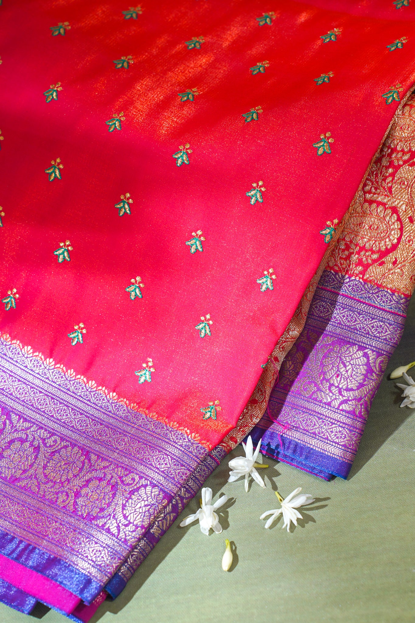 Radiant Red Banarasi Satin Silk Saree with Zari Embroidery Buti Work