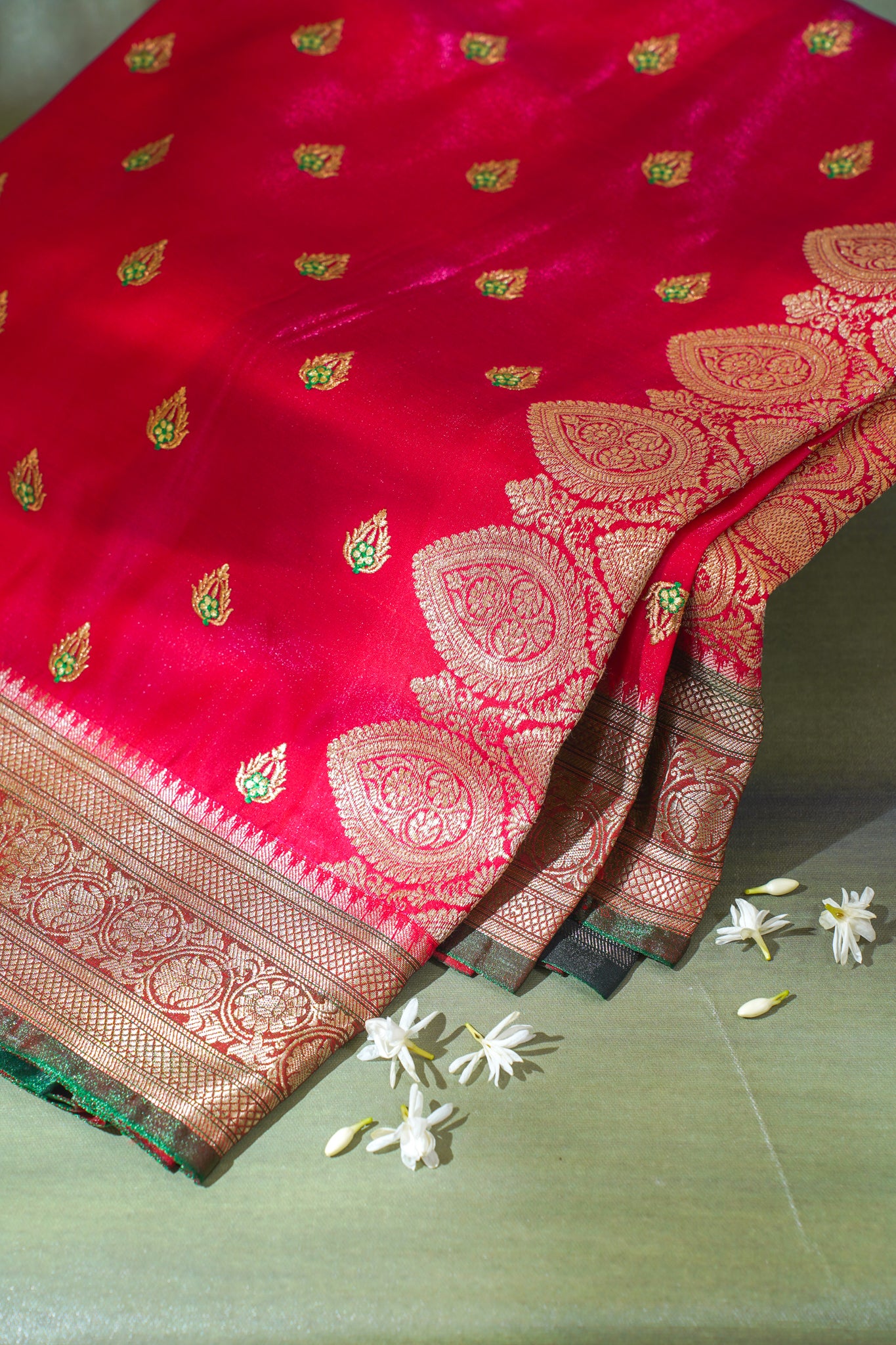 Classic Red Banarasi Satin Silk Saree with Zari Embroidery Buti Work