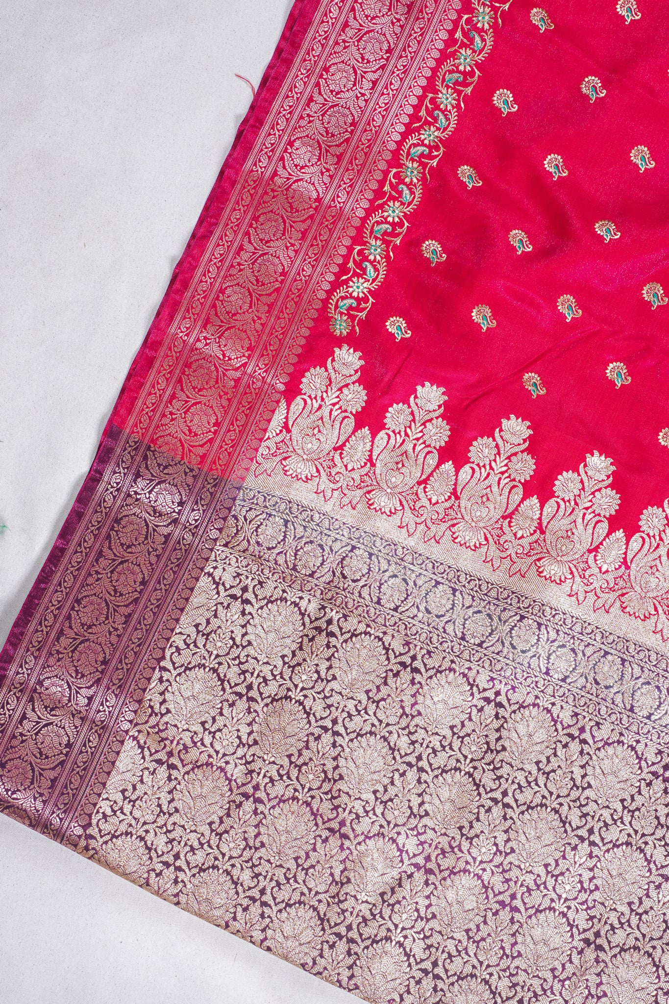 Classic Red Banarasi Satin Silk Saree with Zari Embroidery Buti Work