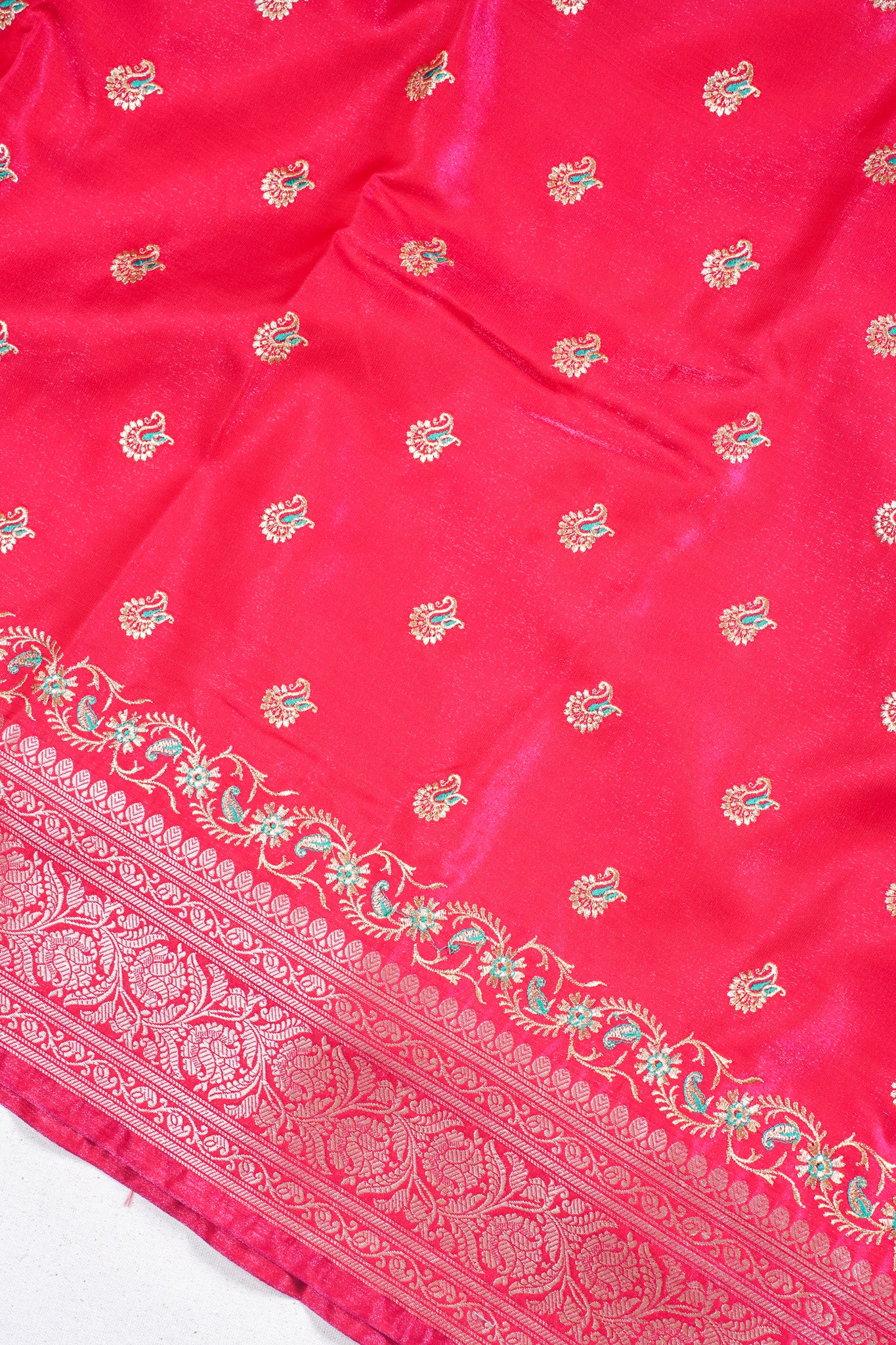 Classic Red Banarasi Satin Silk Saree with Zari Embroidery Buti Work