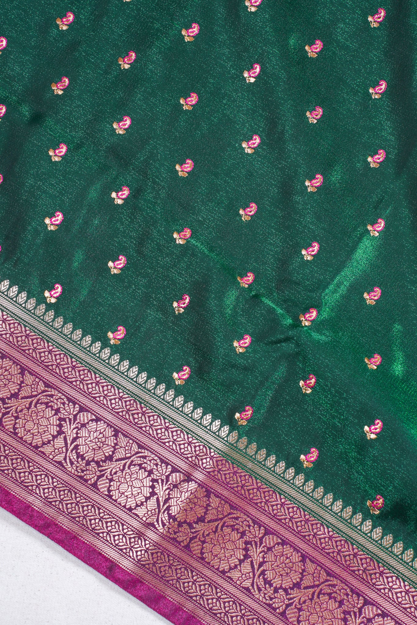 Green Banarasi Satin Silk Saree with Zari Embroidery Buti Work