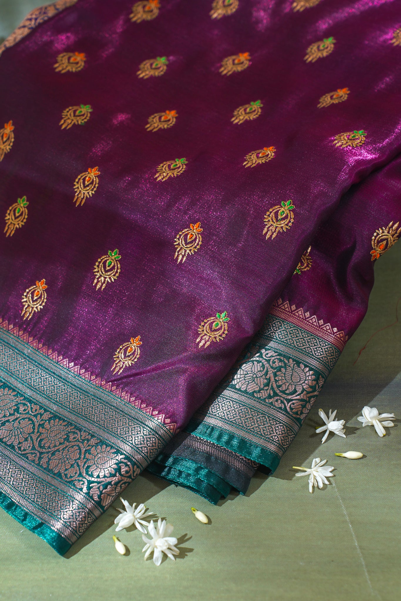 Wine Purple Banarasi Satin Silk Saree with Zari Embroidery Buti Work