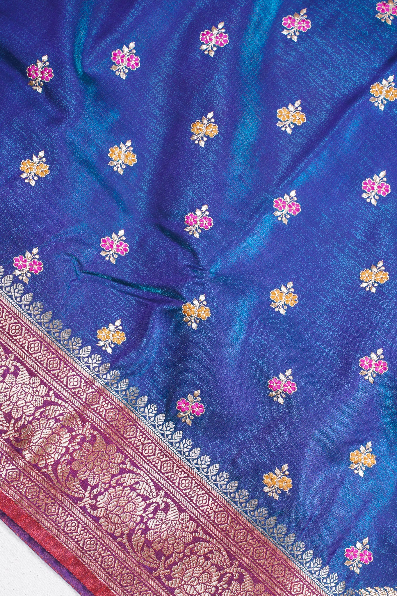 Teal Blue Banarasi Satin Silk Saree with Zari Embroidery Buti Work