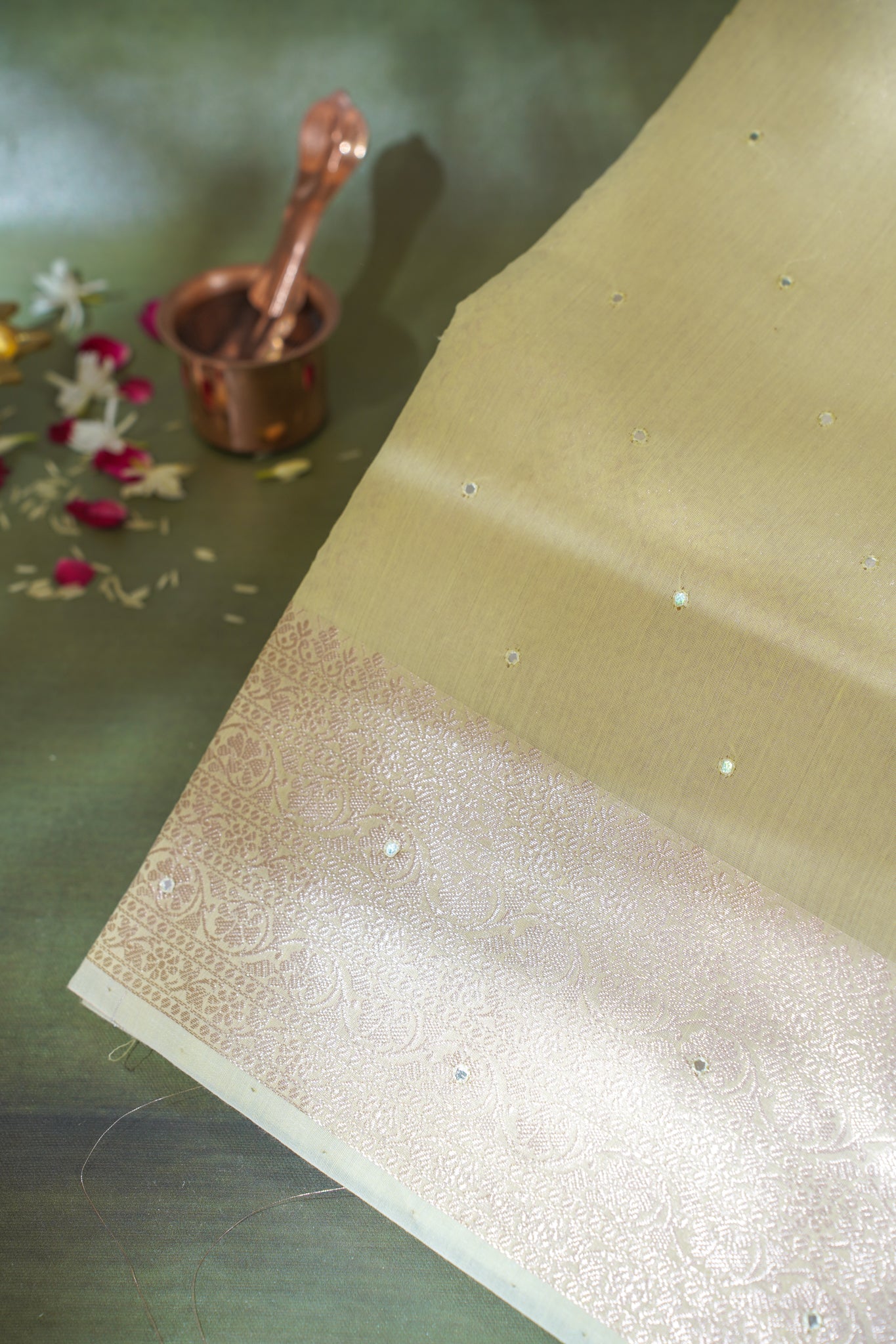 Pastel Yellow Mukesh Work Linen Saree