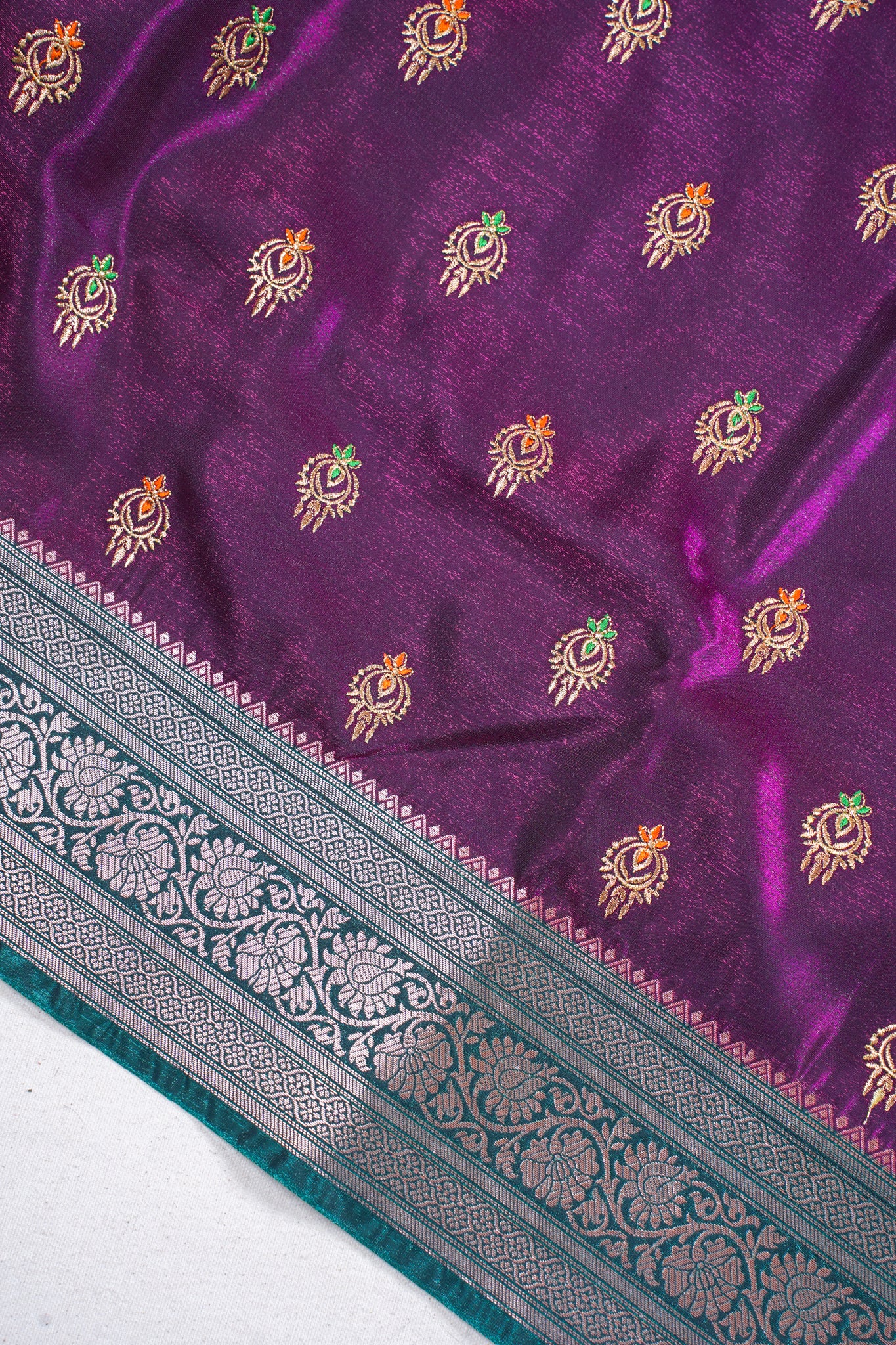 Wine Purple Banarasi Satin Silk Saree with Zari Embroidery Buti Work