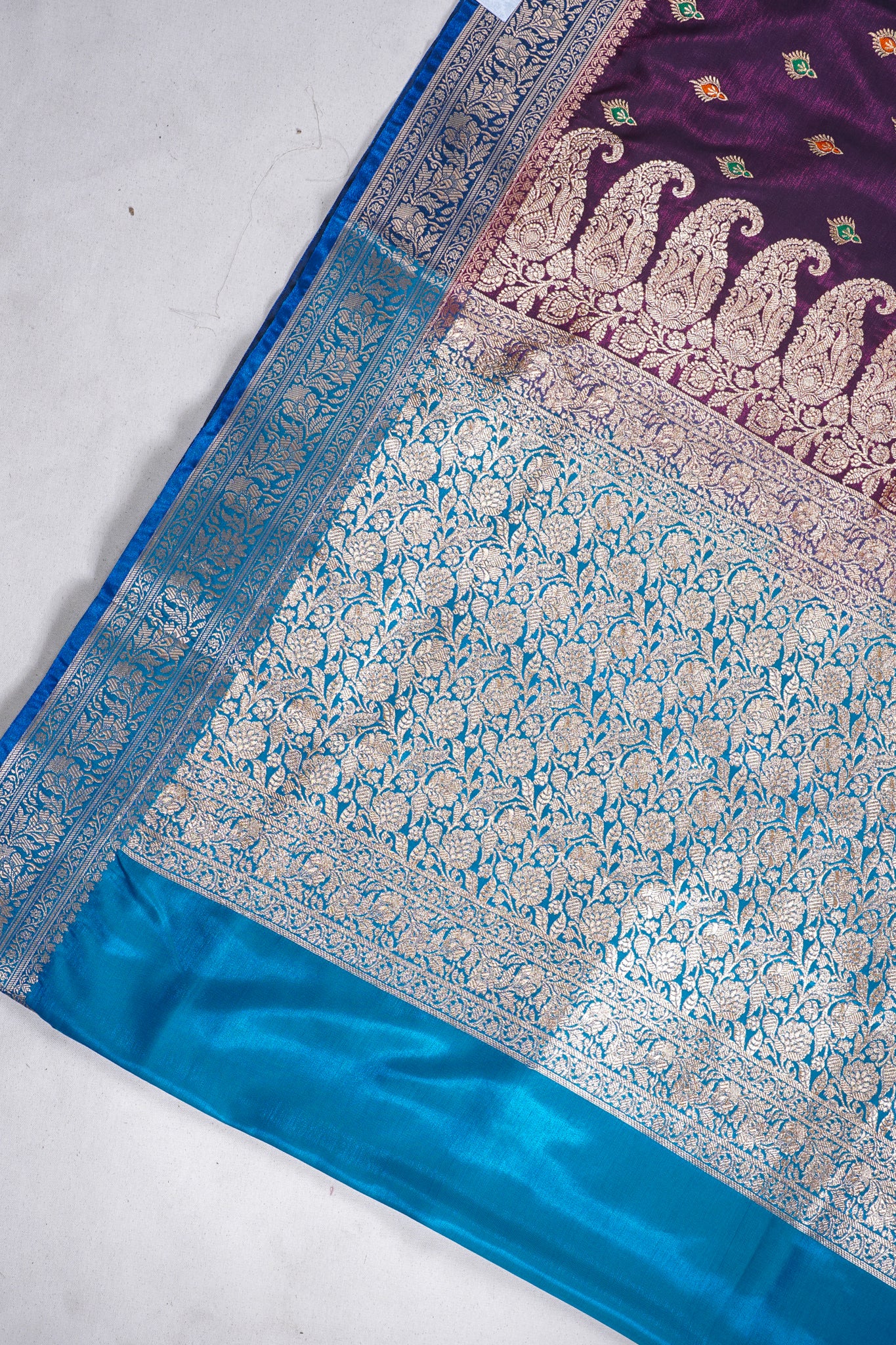 Wine Banarasi Satin Silk Saree with Zari Embroidery Buti Work