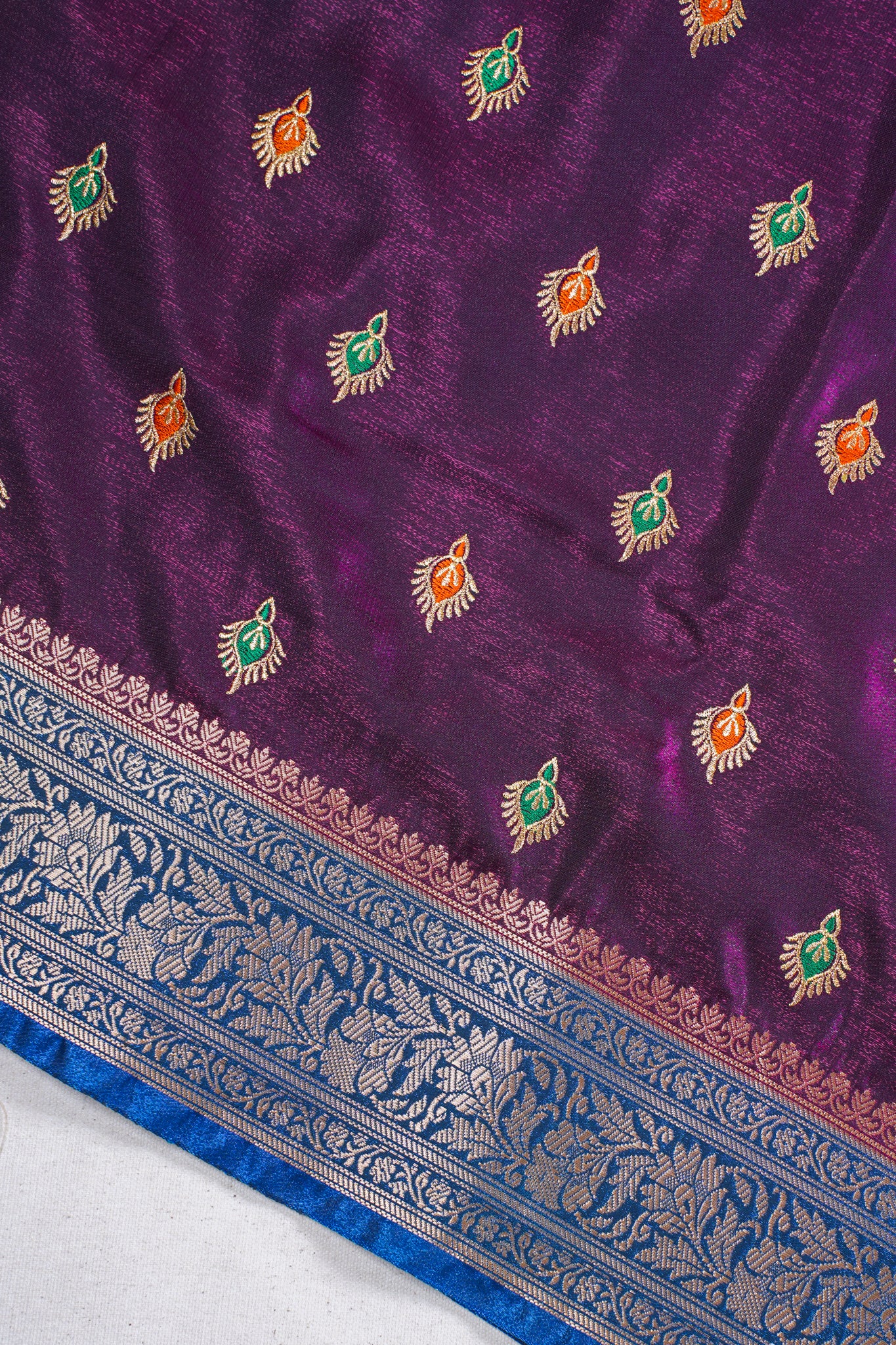 Wine Banarasi Satin Silk Saree with Zari Embroidery Buti Work