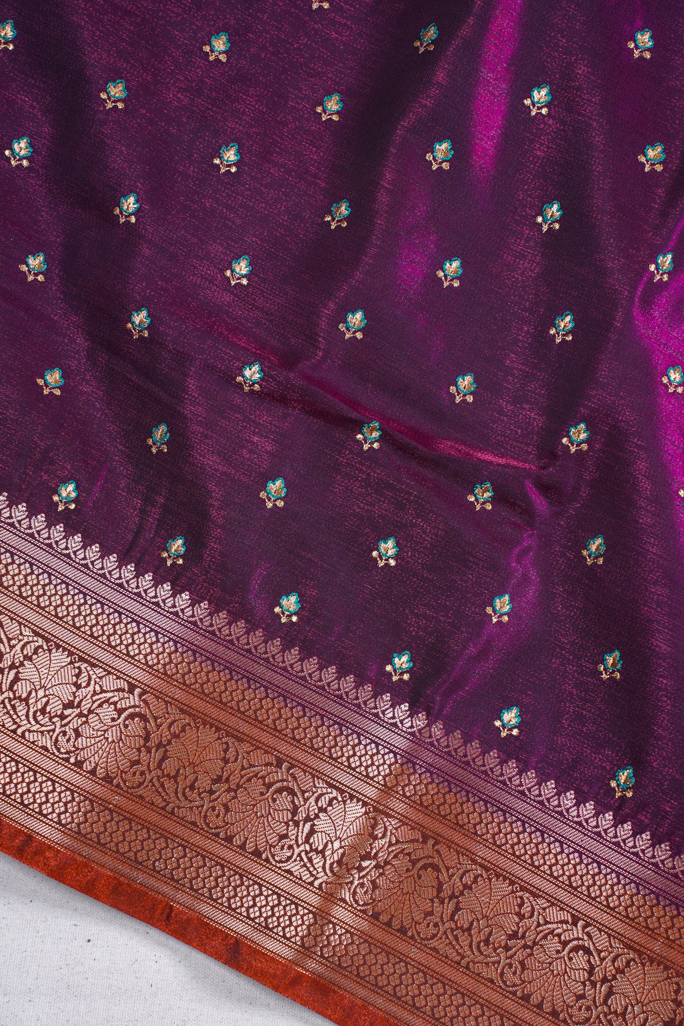 Deep Wine Banarasi Satin Silk Saree with Zari Embroidery Buti Work