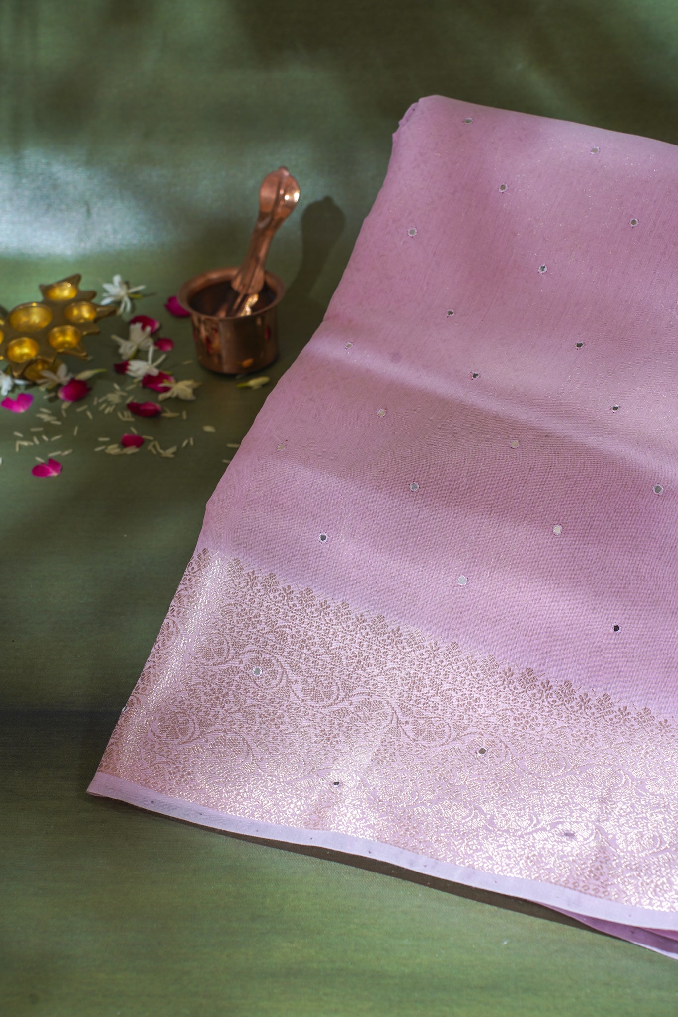 Pastel Pink Mukesh Work Linen Saree
