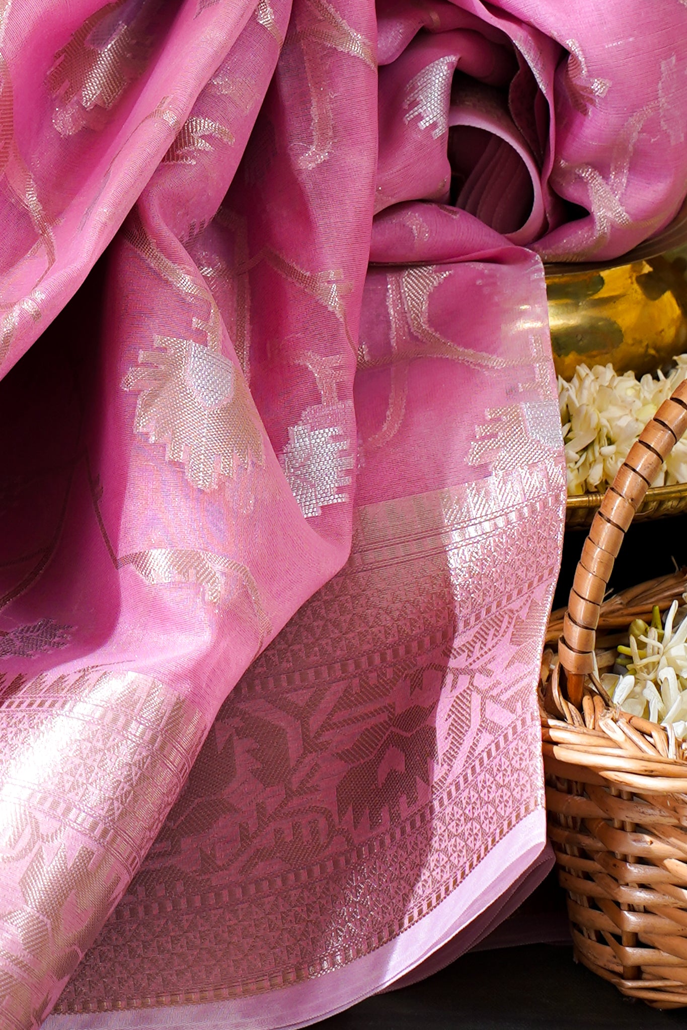Rose Pink Organza Banarasi Tilfi Minakari Jaal Saree