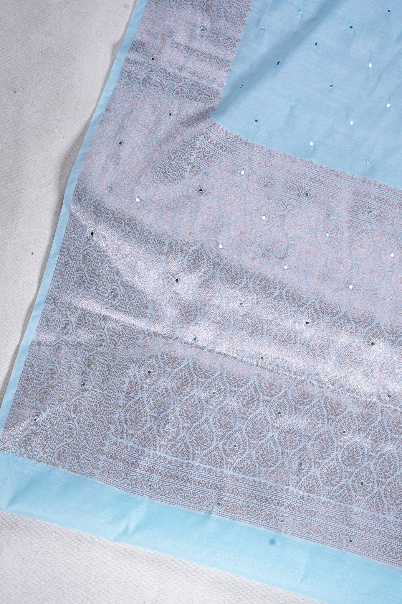 Aqua Blue Mukesh Work Linen Saree