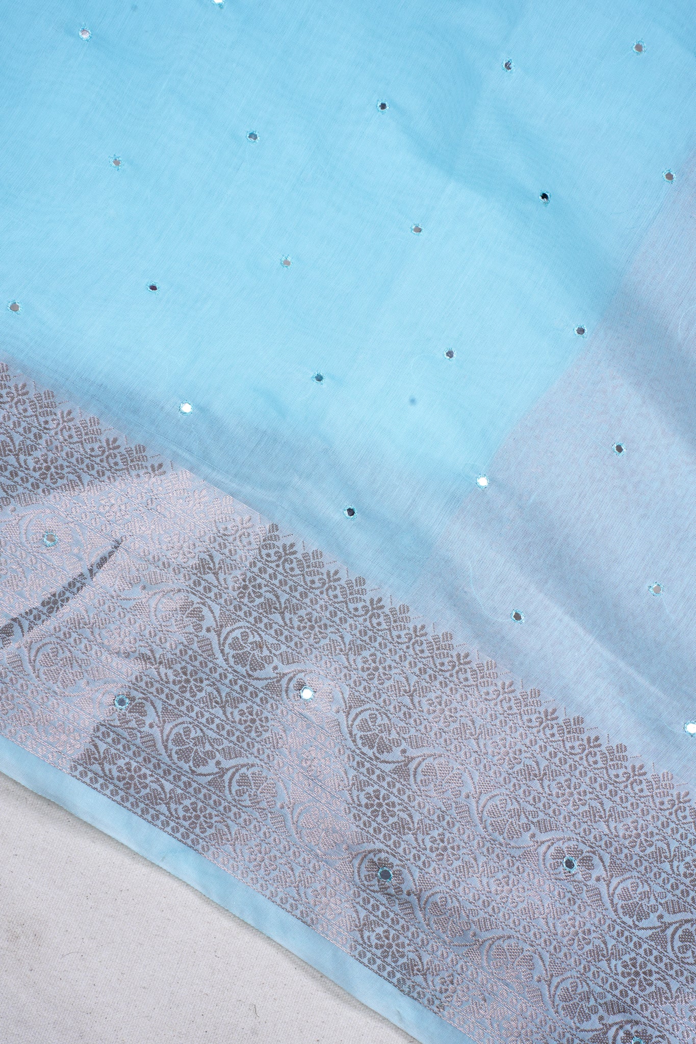Aqua Blue Mukesh Work Linen Saree
