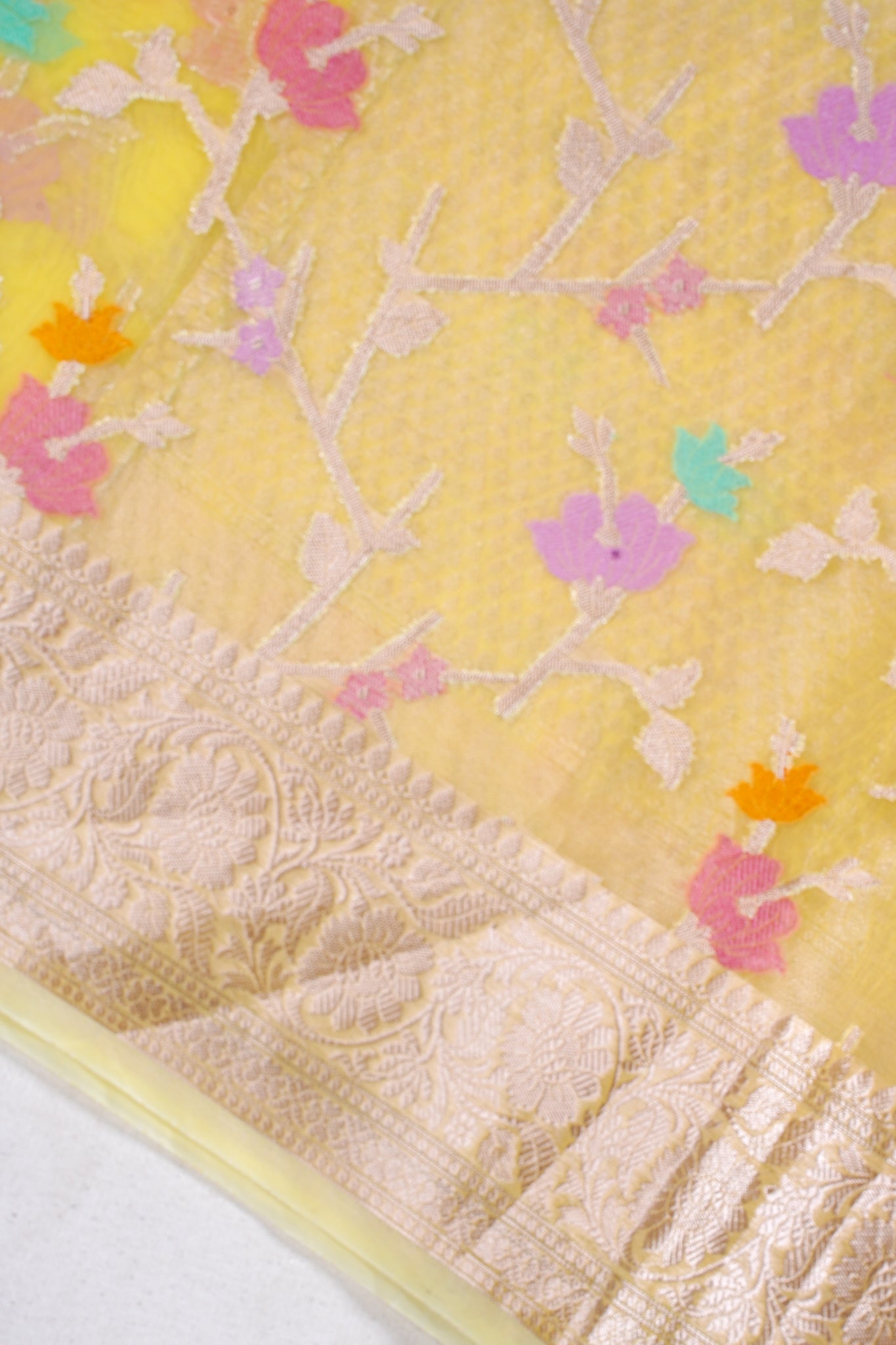Yellow Organza Banarasi Tilfi Minakari Jaal Saree