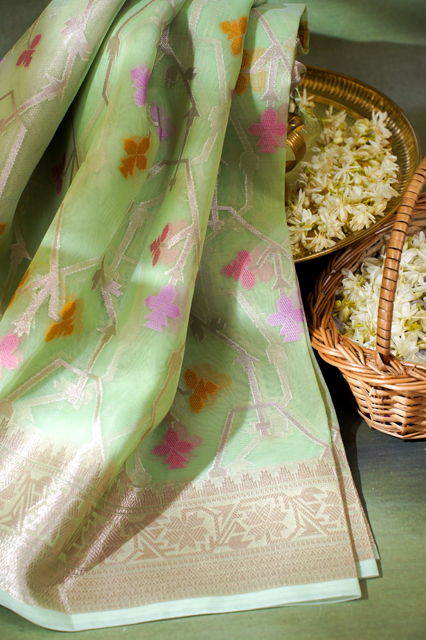 Light Green Organza Banarasi Tilfi Minakari Jaal Saree