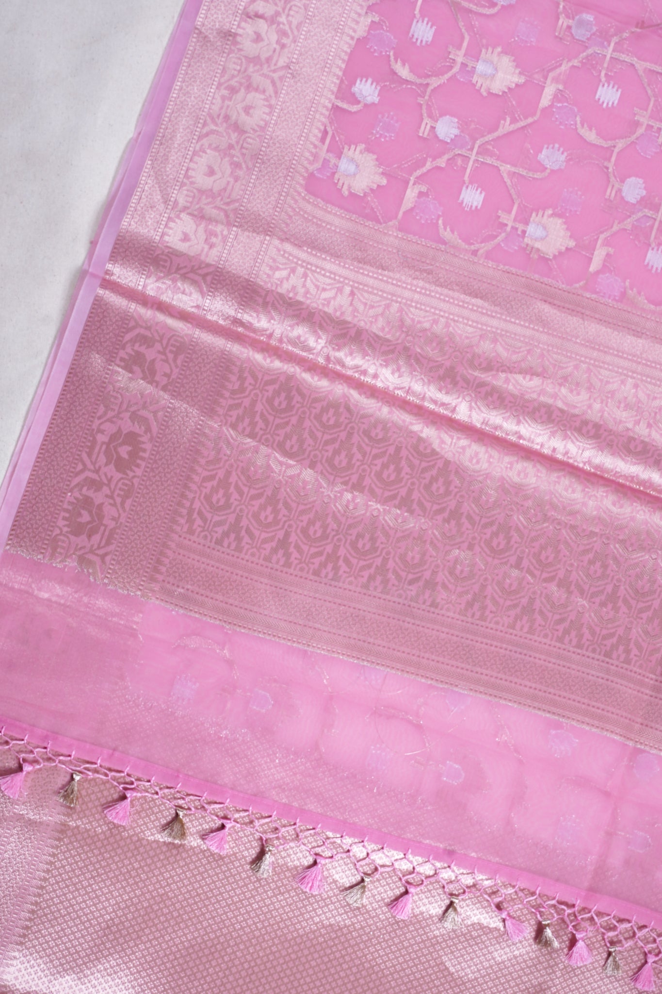 Rose Pink Organza Banarasi Tilfi Minakari Jaal Saree