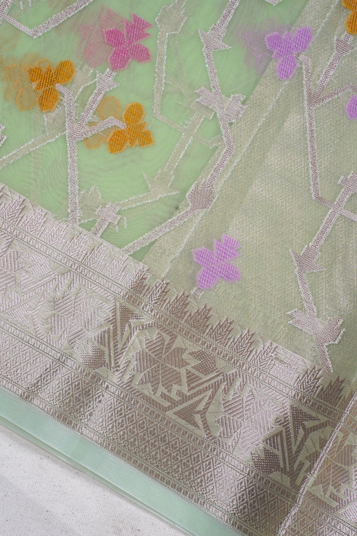 Light Green Organza Banarasi Tilfi Minakari Jaal Saree