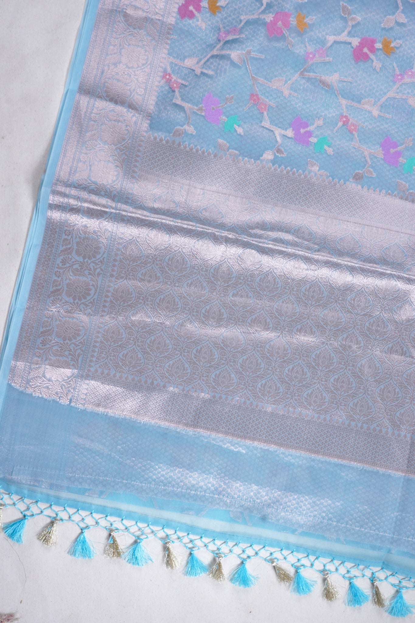 Blue Organza Banarasi Tilfi Minakari Jaal Saree