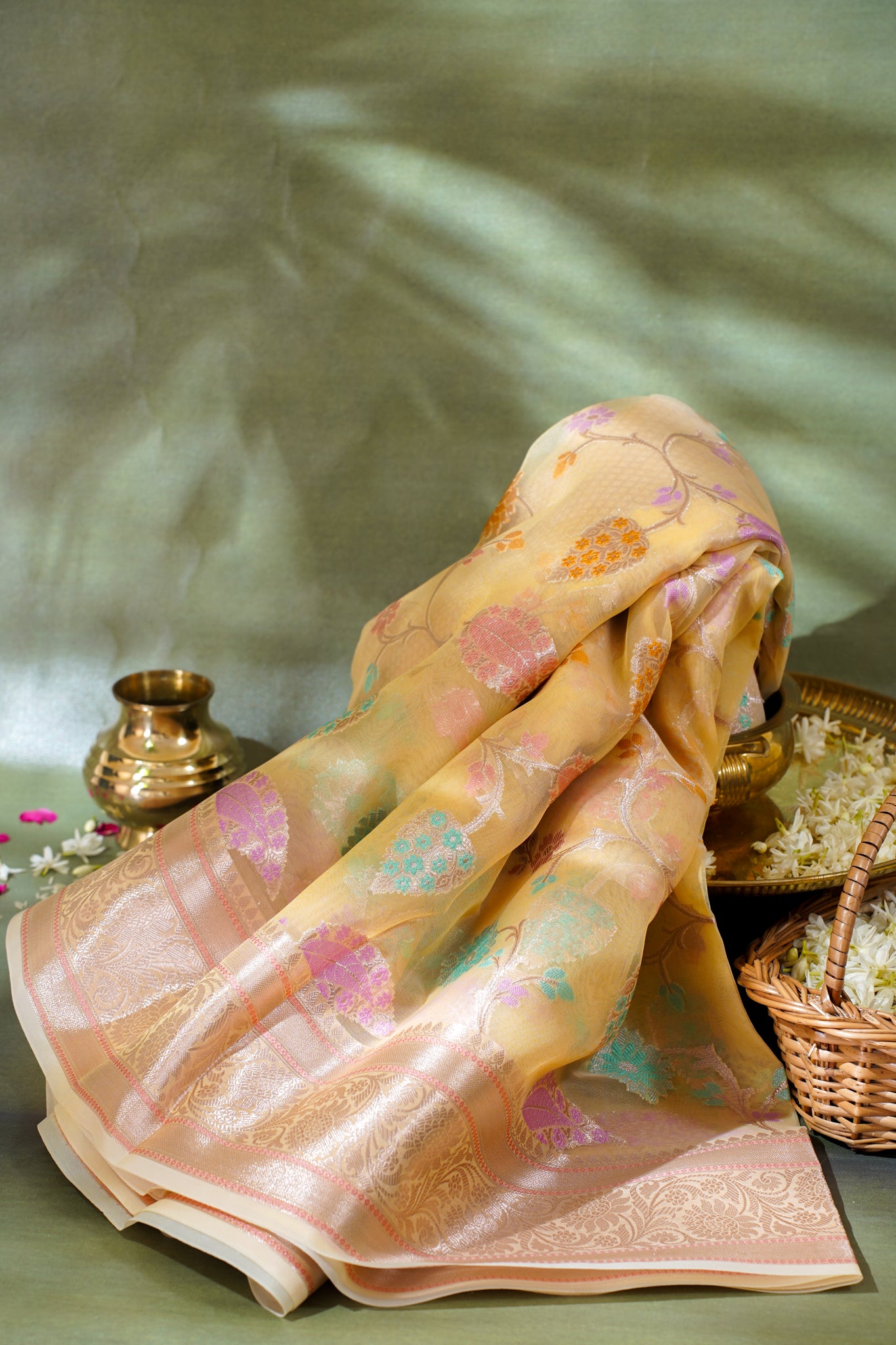 Pastel Yellow Organza Banarasi Tilfi Minakari Jaal Saree