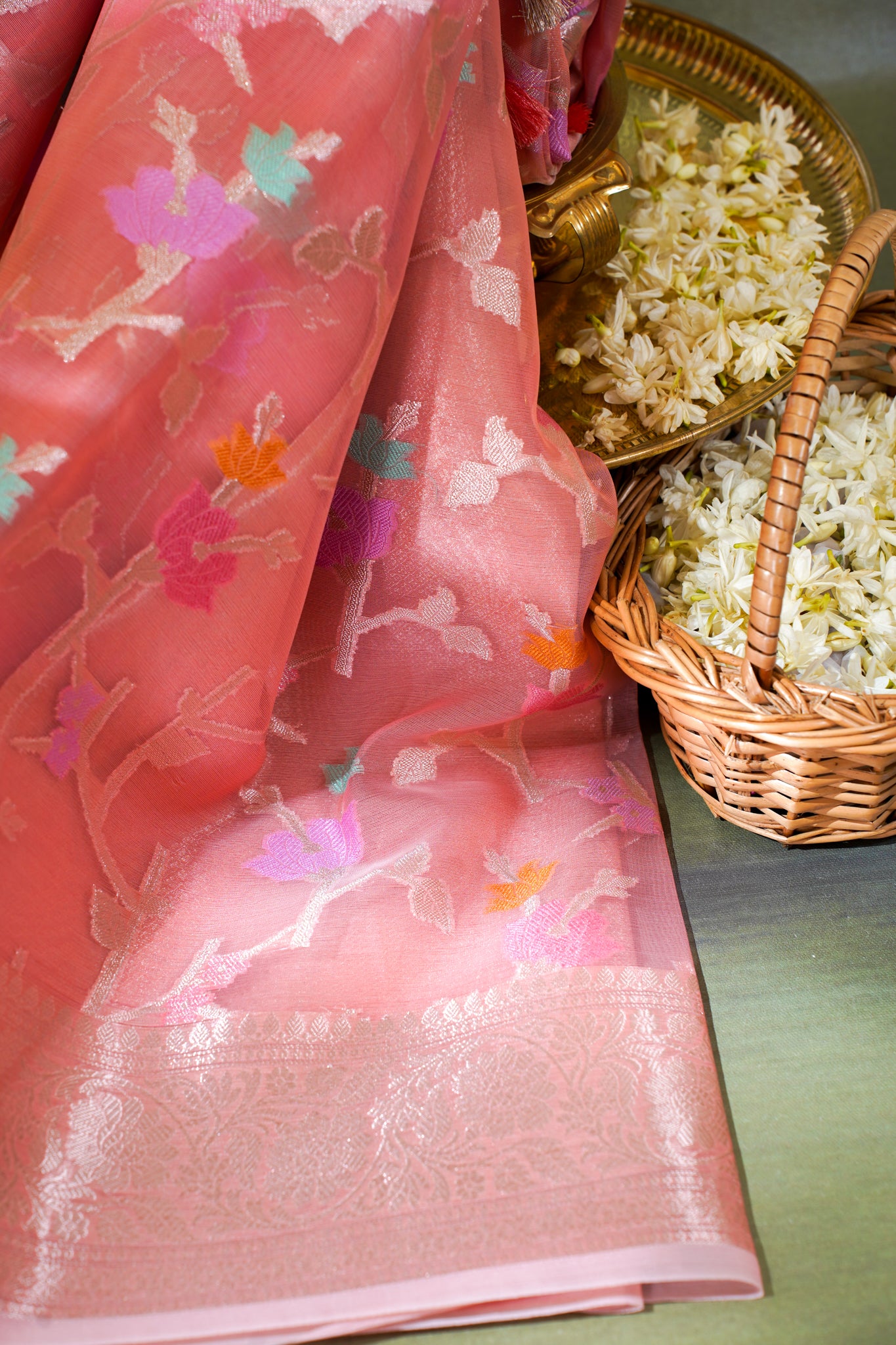 Peach Pink Organza Banarasi Tilfi Minakari Jaal Saree