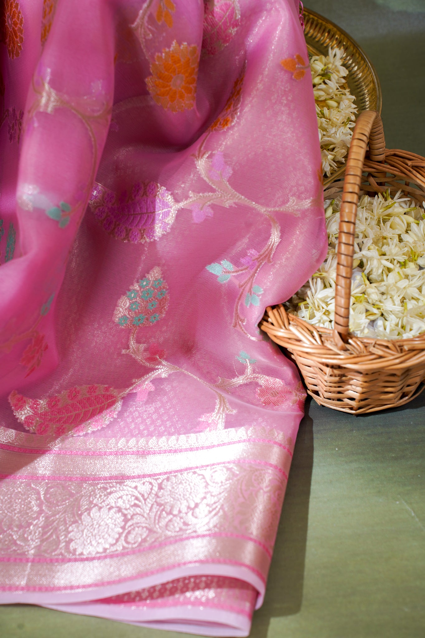 Baby Pink Organza Banarasi Tilfi Minakari Jaal Saree