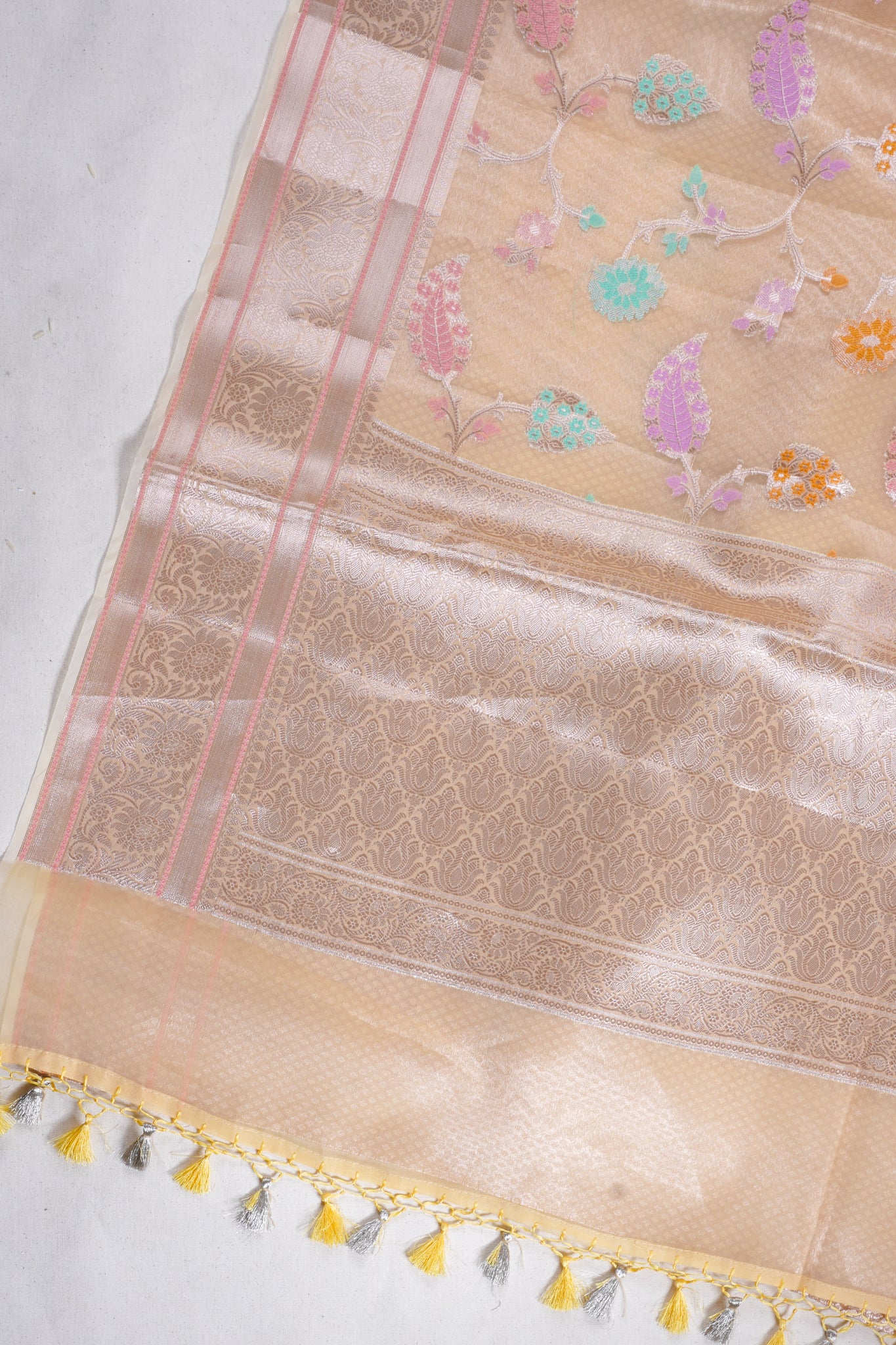 Pastel Yellow Organza Banarasi Tilfi Minakari Jaal Saree