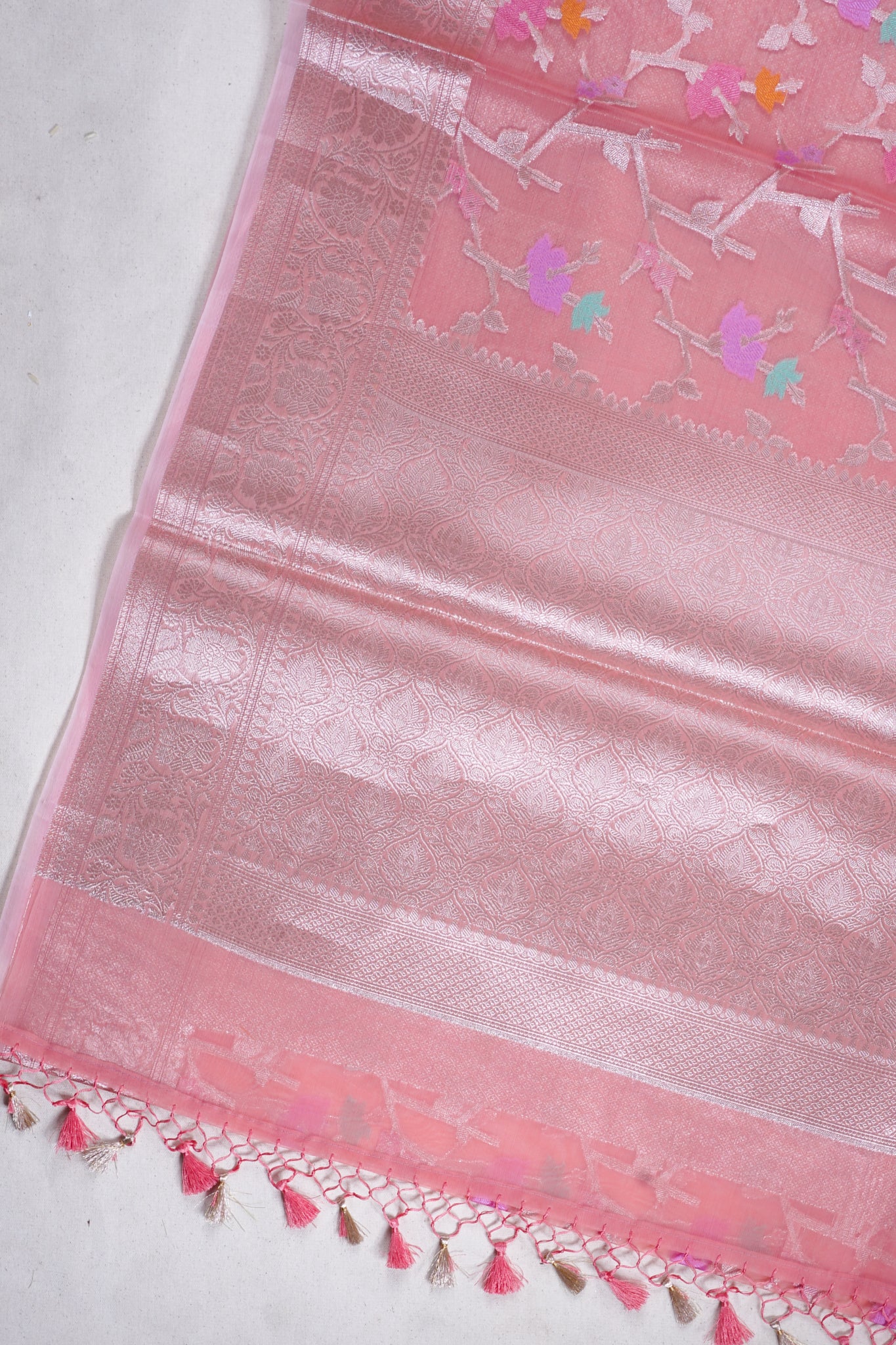 Peach Pink Organza Banarasi Tilfi Minakari Jaal Saree