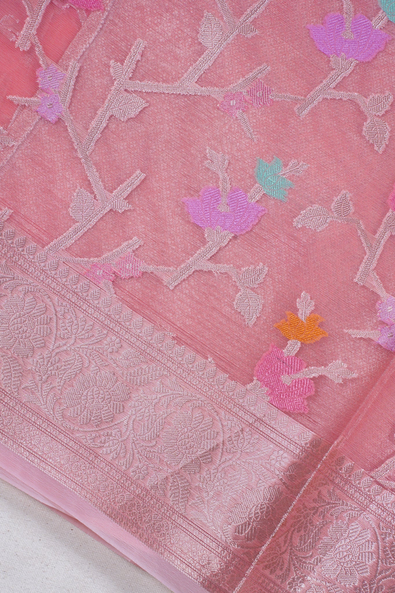 Peach Pink Organza Banarasi Tilfi Minakari Jaal Saree