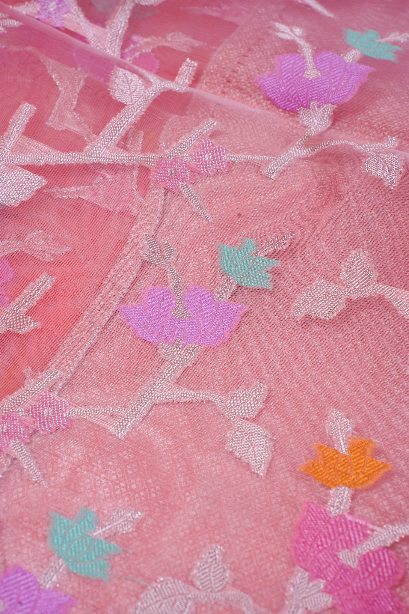 Peach Pink Organza Banarasi Tilfi Minakari Jaal Saree