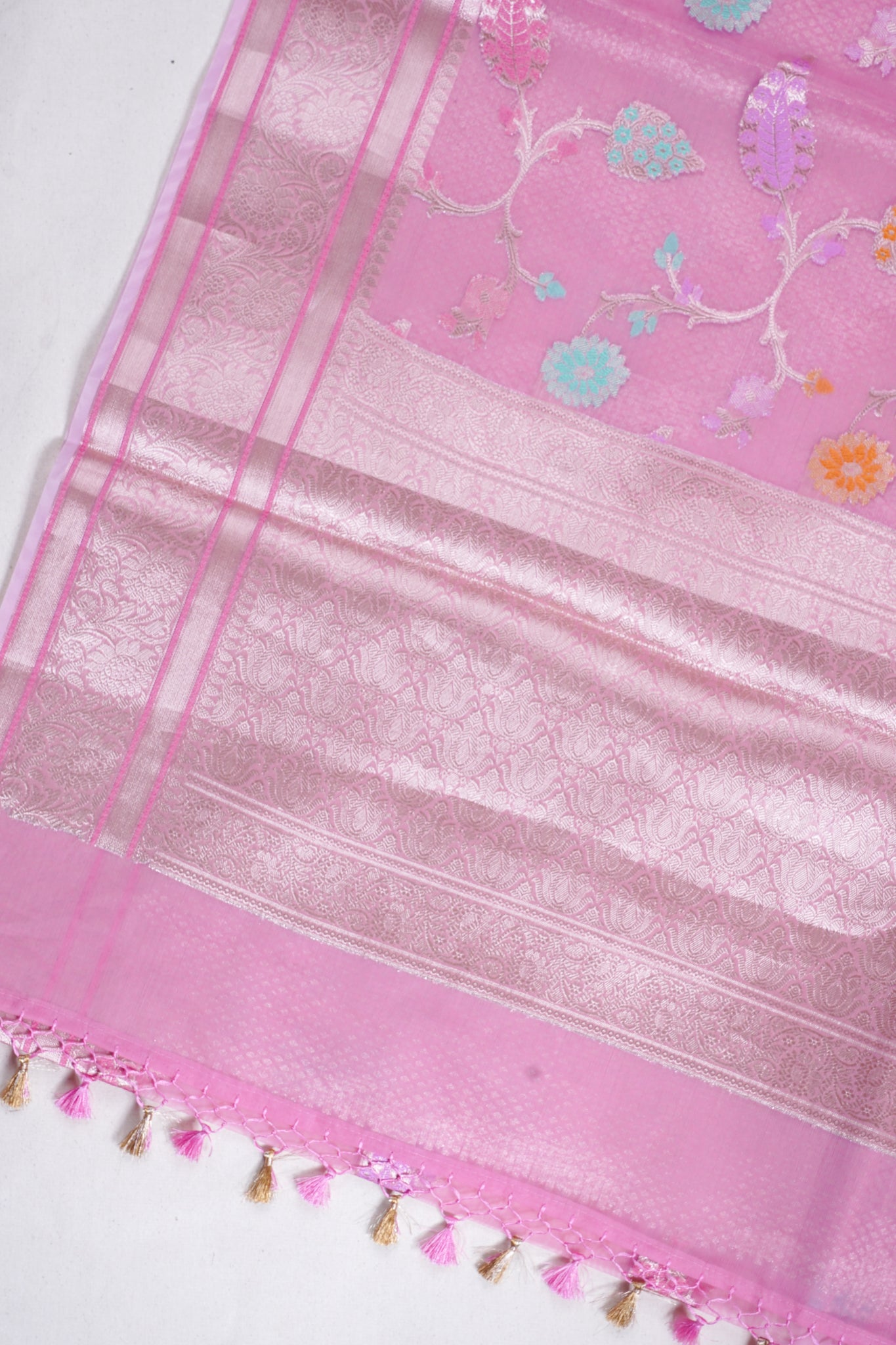Baby Pink Organza Banarasi Tilfi Minakari Jaal Saree