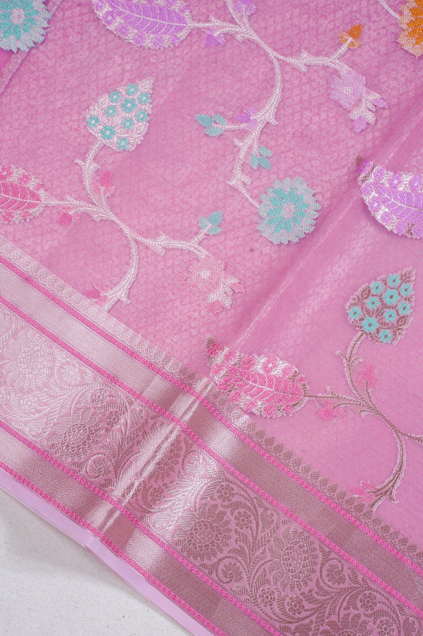 Baby Pink Organza Banarasi Tilfi Minakari Jaal Saree