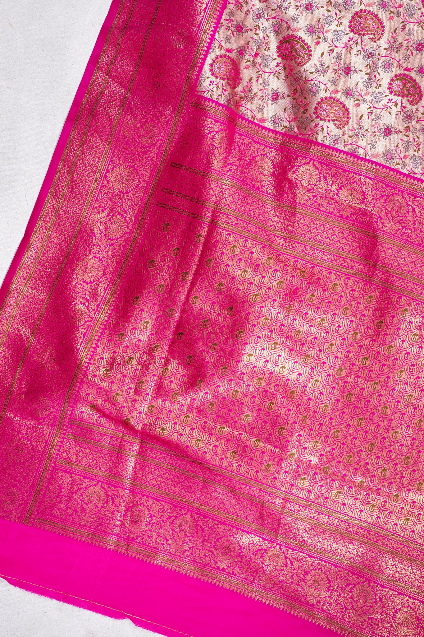 Golden Beige & Rani Pink Floral Brocade Banarasi Khimkhab Saree
