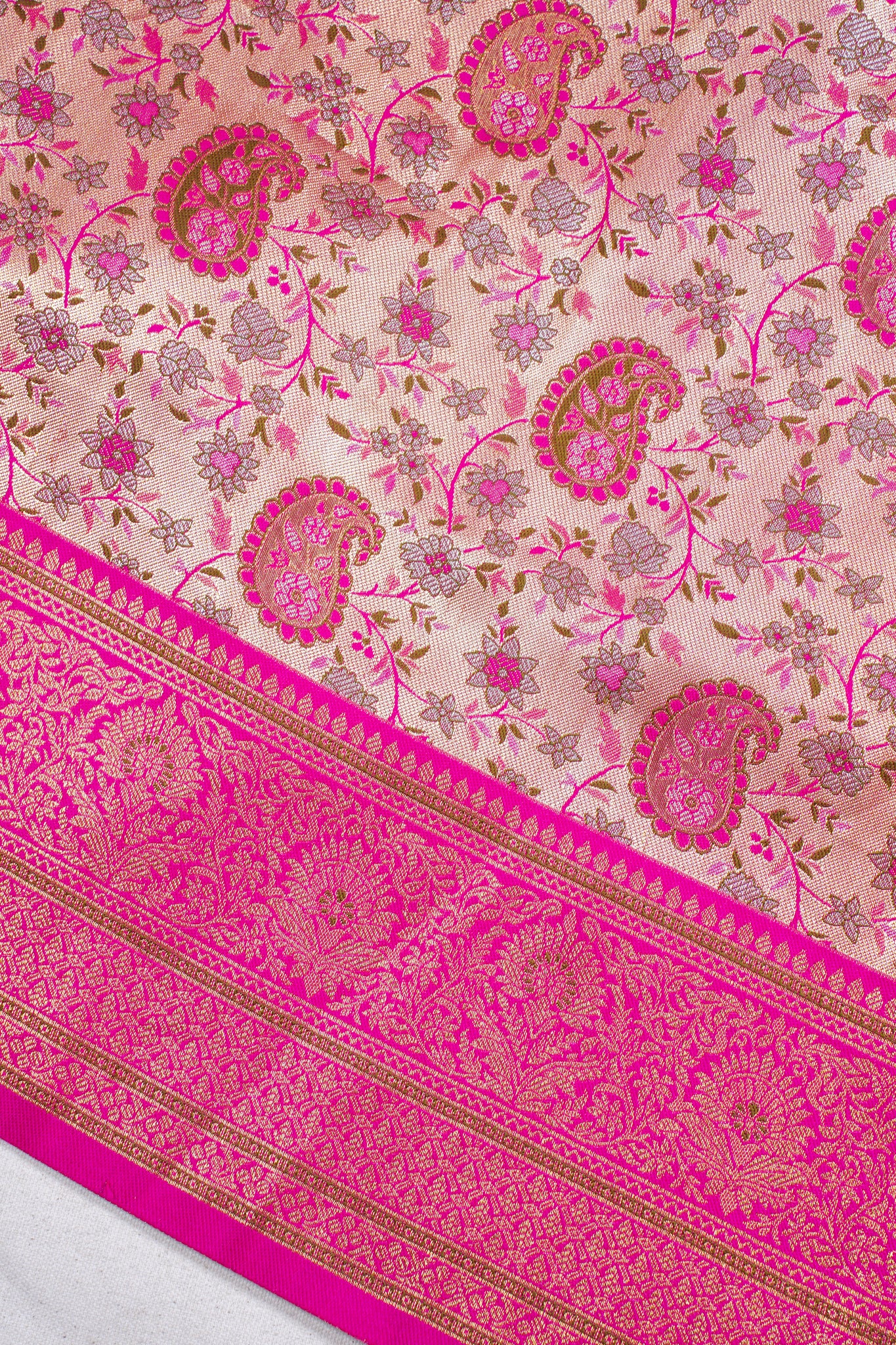 Golden Beige & Rani Pink Floral Brocade Banarasi Khimkhab Saree