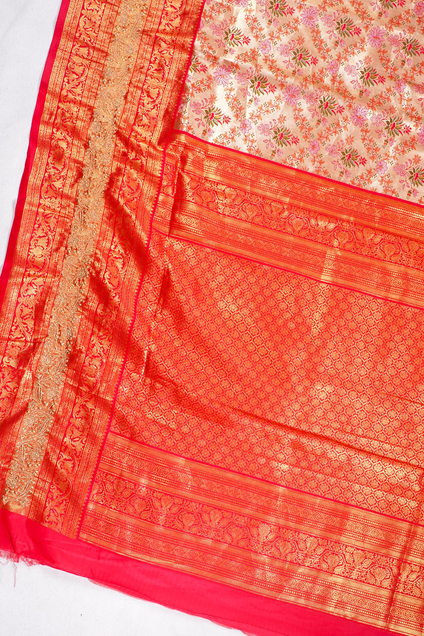 Golden Beige & Red Floral Brocade Banarasi Khimkhab Saree