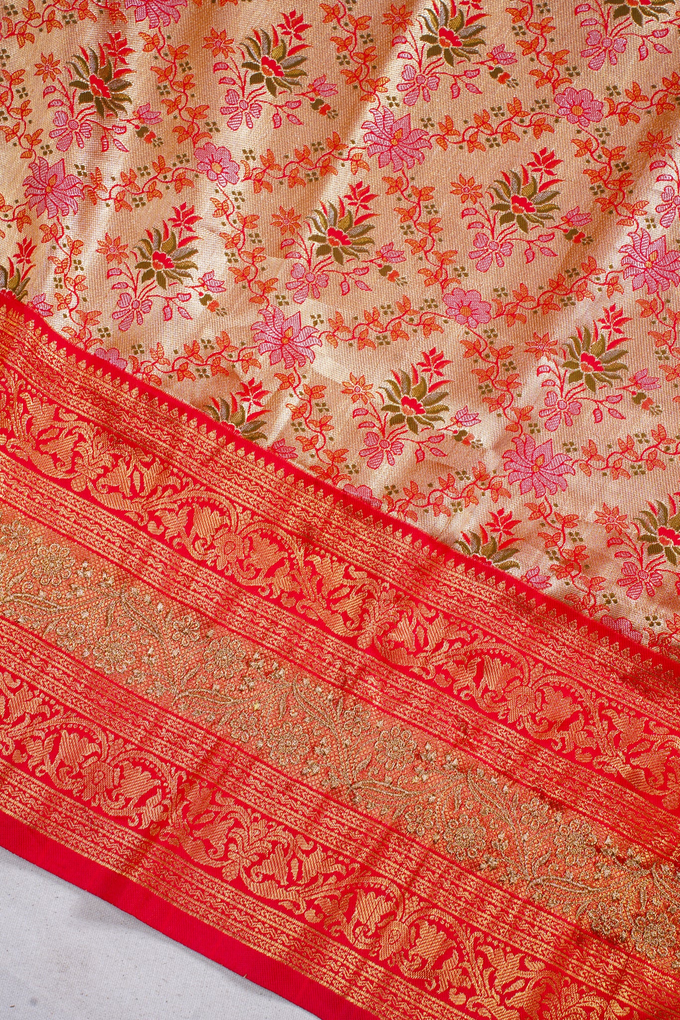 Golden Beige & Red Floral Brocade Banarasi Khimkhab Saree