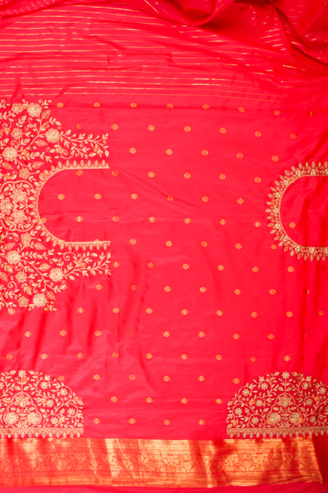 Golden Beige & Red Floral Brocade Banarasi Khimkhab Saree